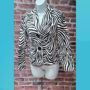 Joseph Ribkoff Zebra Print Blazer Size 4 Vintage Black White Cotton Spandex